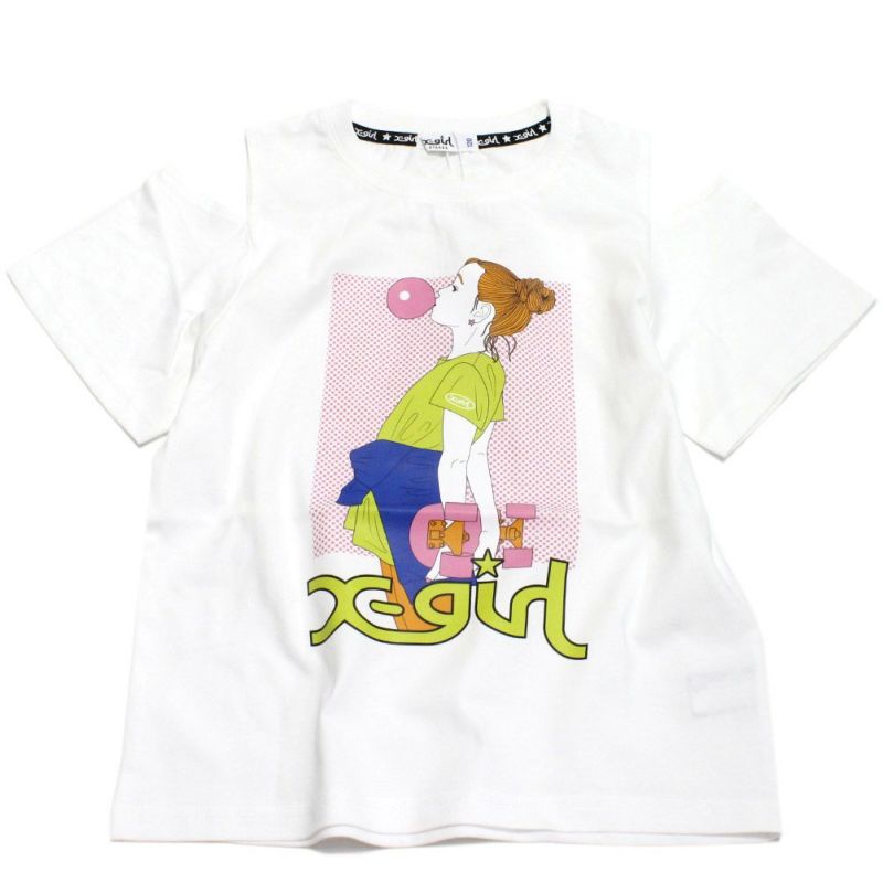 エックスガールステージズ] 女の子プリント肩開き半袖Tシャツ