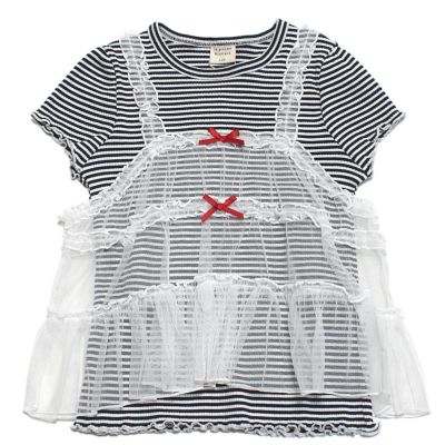 先染めボーダーテレコ レースキャミTシャツ ブラック(BK)